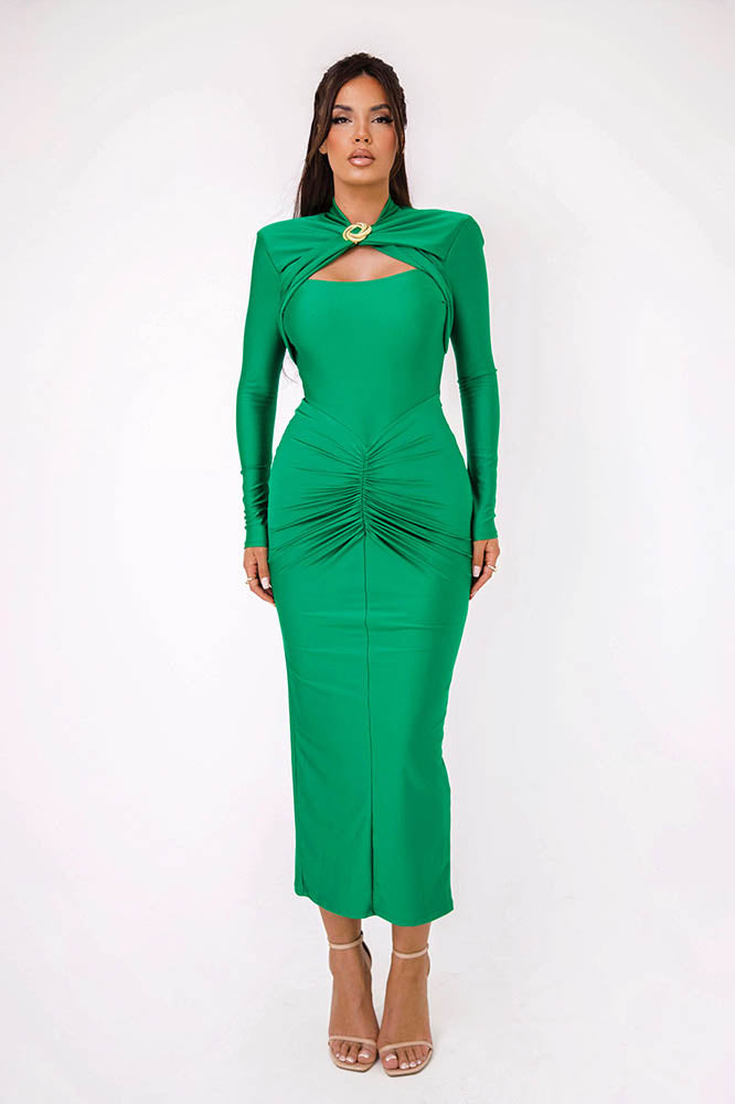 Long Sleeve Slim Fitted Party Midi-Length Dress