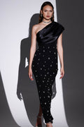 Crystal-Detail Sloping Shoulders Midi-Length Dress