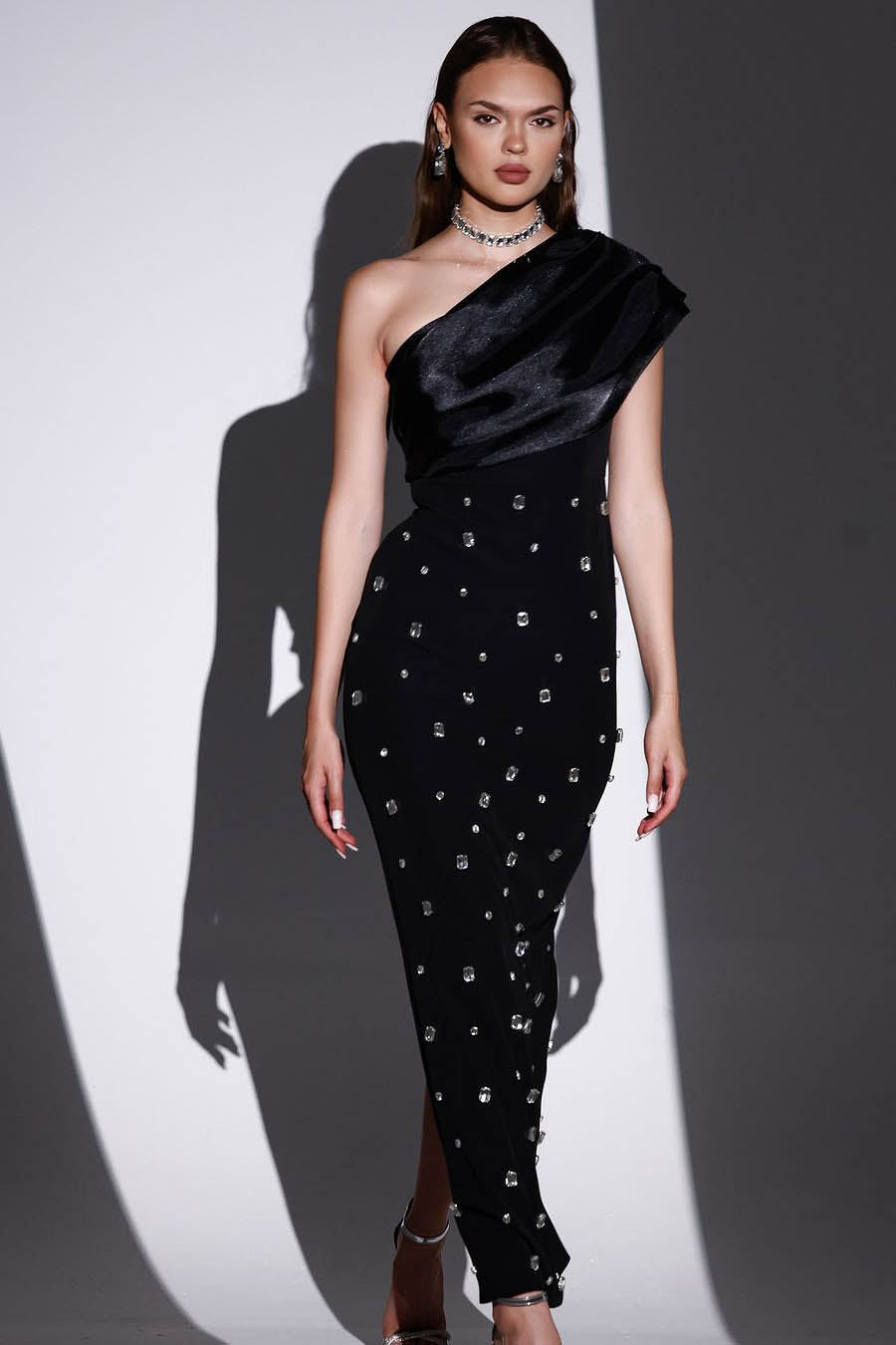Crystal-Detail Sloping Shoulders Midi-Length Dress