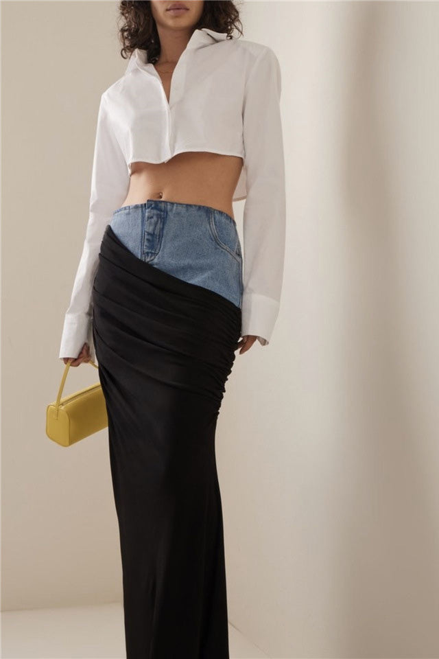 Modern Black Ruched Denim Skirt
