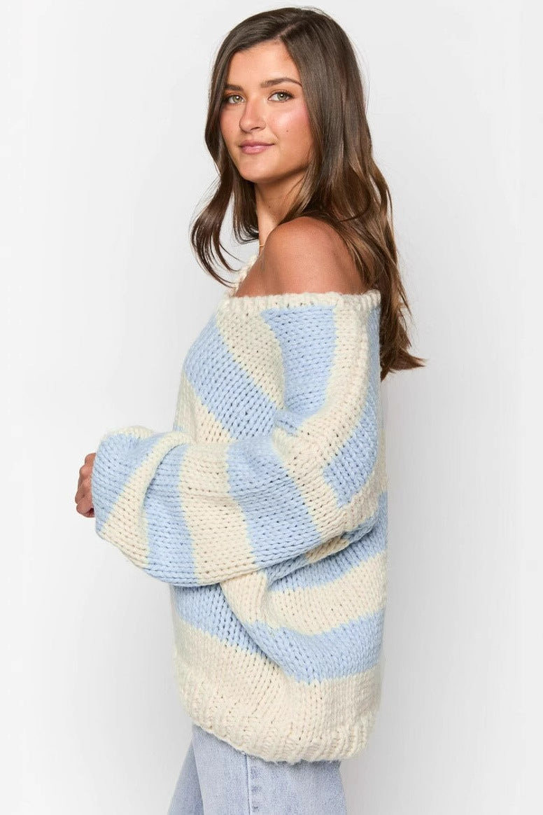 Off-shoulder Striped Knit Sweater