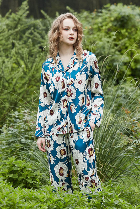 Blue Flower Pattern Long Sleeve Loungewear Set