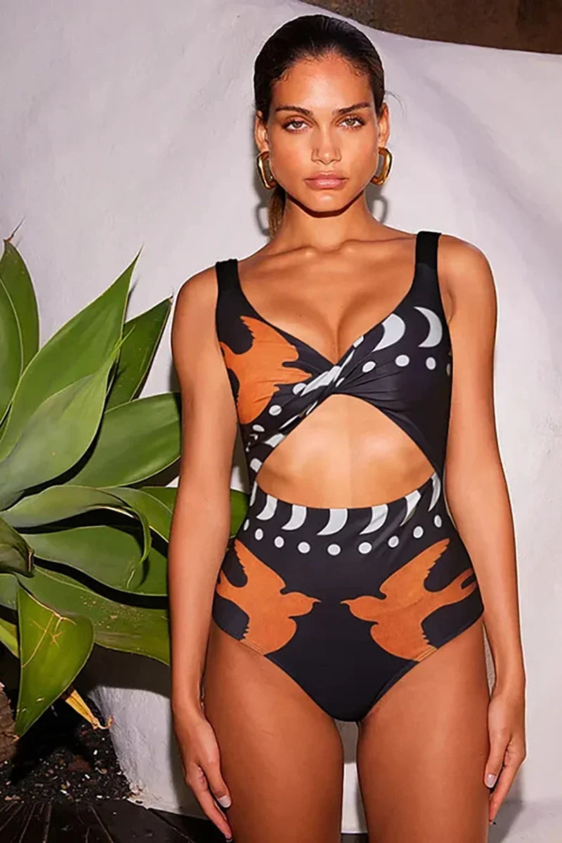 Graphic Print High-Waisted Swimsuit