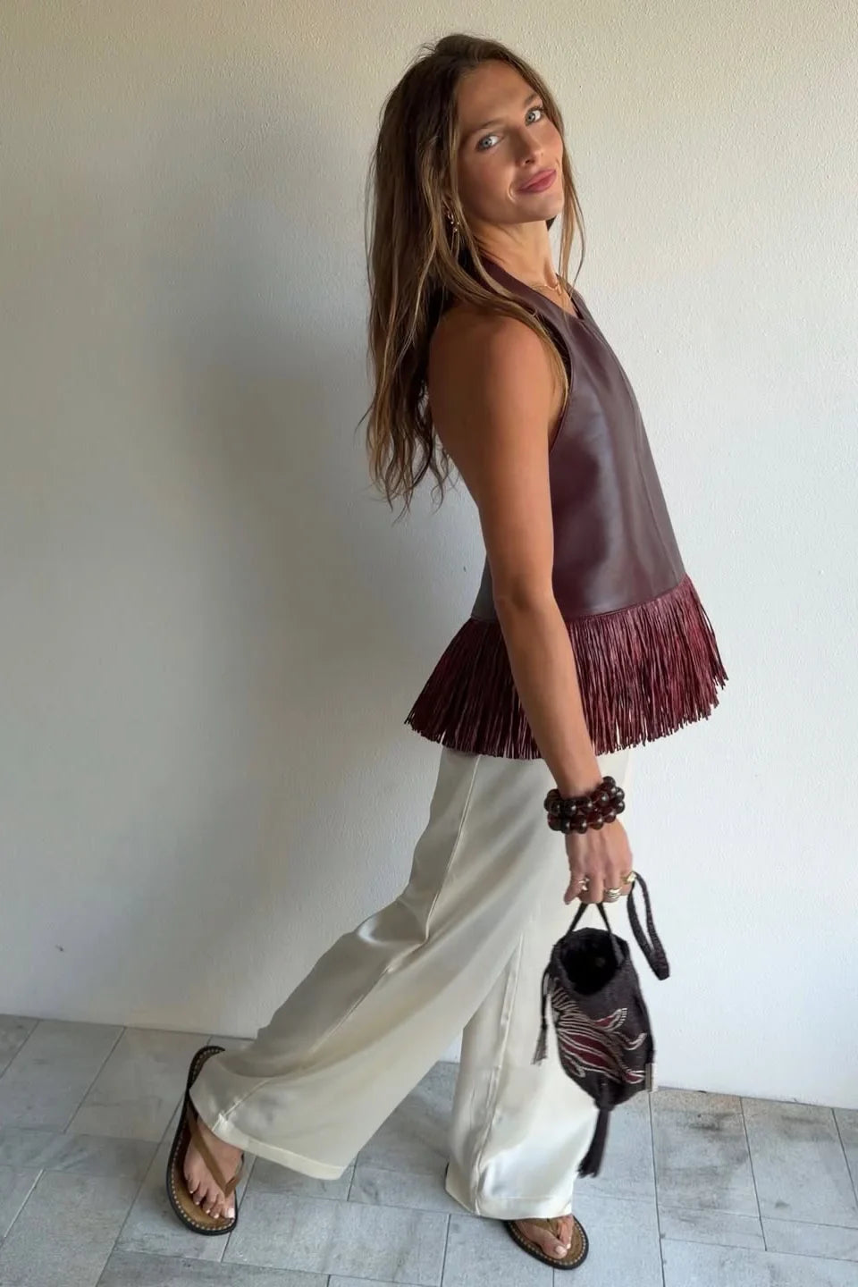 Modern Burgundy Leather Halter Fringe Top