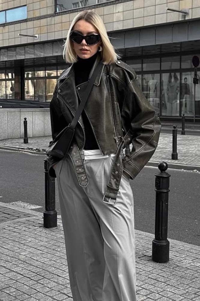 Modern Cropped leather jacket with offset zipper collar