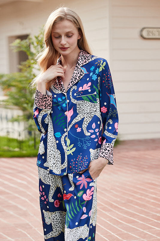 Coordinated Blue Snow Leopard Print Pajama Set