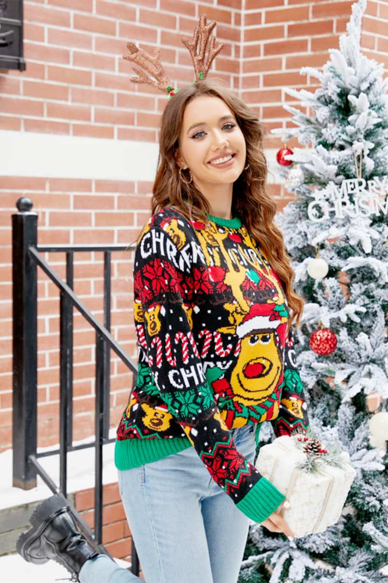 Modern Christmas Cartoon Reindeer Knit Sweater