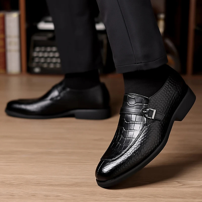 Polished Leather Monk Strap Shoes with Croc-Embossed Texture