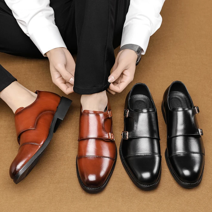 Full-Grain Leather Monk Strap Shoes with Cap-Toe Detail