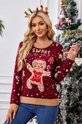 Relaxed Crew Neck Embroidered Knit Sweater - Gingerbread Man