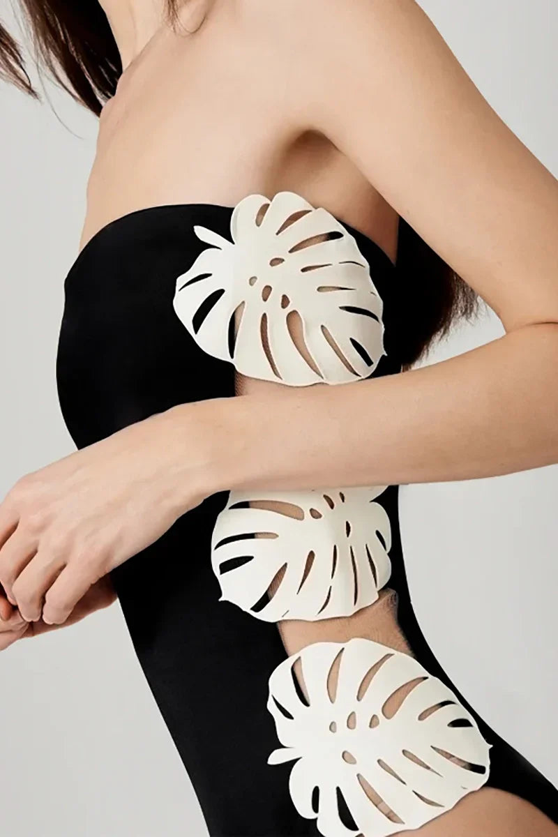 Leaf Patchwork Cut-Out Strapless Swimsuit