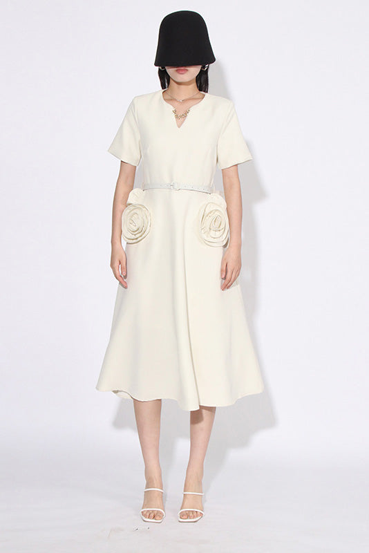 Grace Flower Applique Short Sleeve Midi-Length Dress