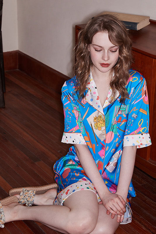 Stationery Print Relaxed Short-Sleeve Loungewear Set - Blue