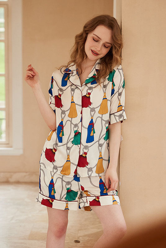 Coordinated Fringe Pattern Short-Sleeve Loungewear Set