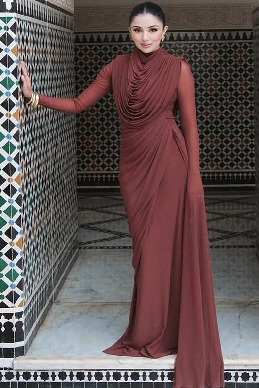 Sophisticated Terracotta Pleated Maxi-Length Dress