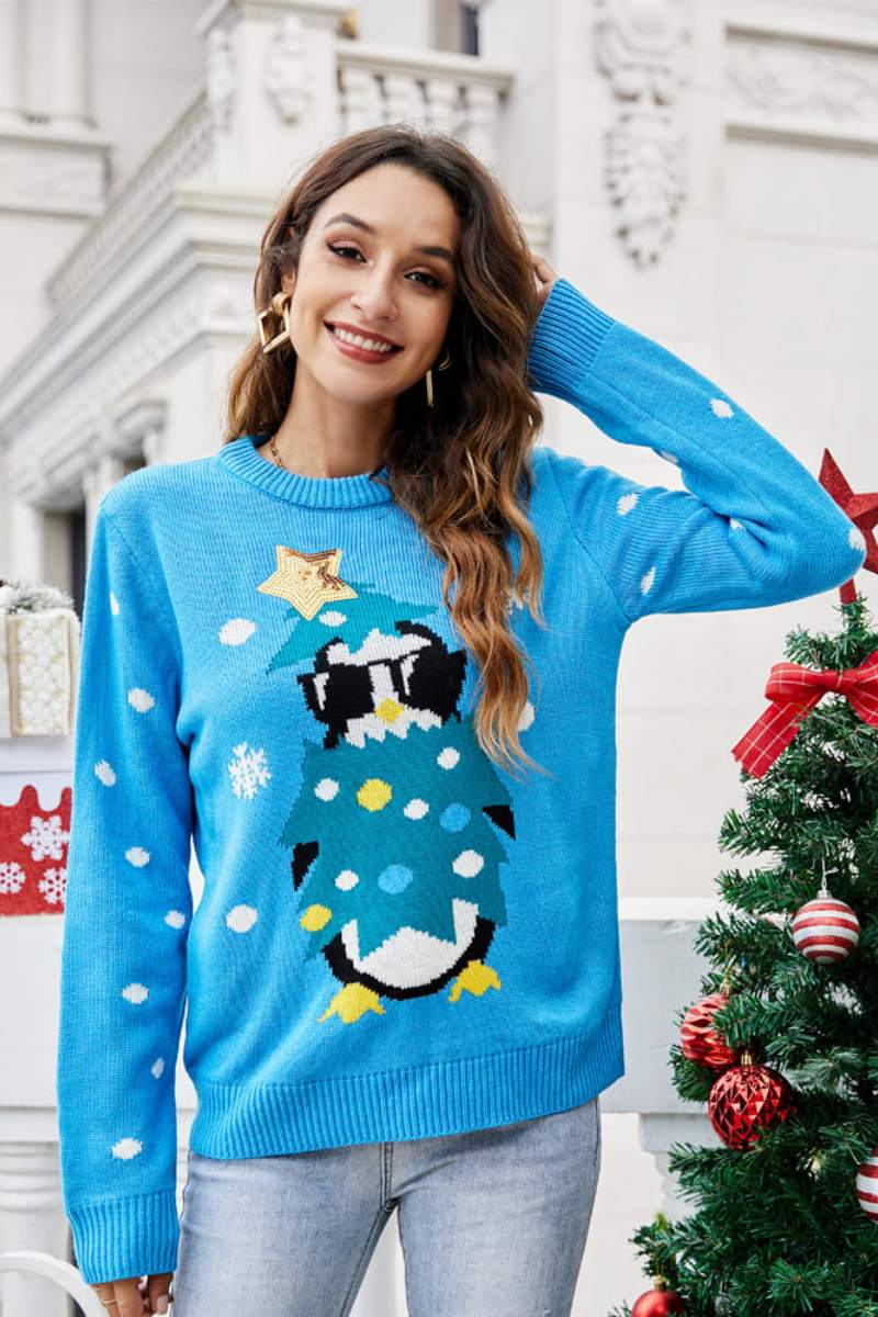 Crew Neck Relaxed Penguin Embroidery Knit Sweater