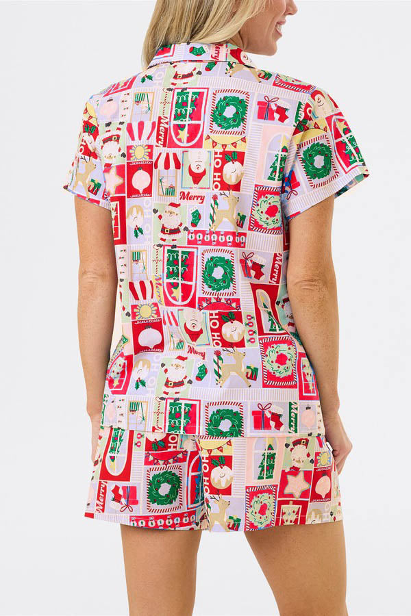 Coordinated Christmas Print Short Sleeves Cute Cartoon Print Set