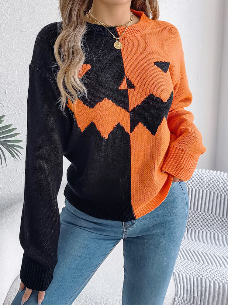 Ghost Pattern Long Sleeve Crew Neck Knit Sweater