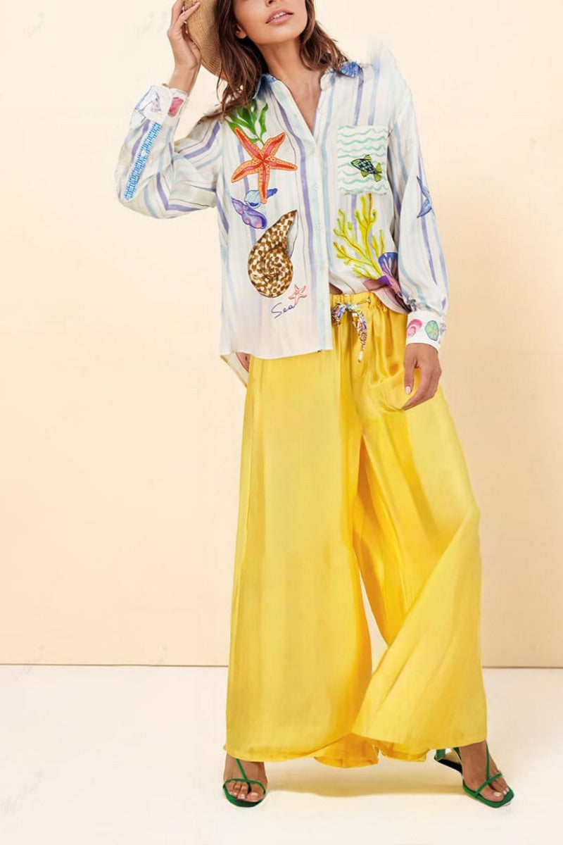 Ocean Theme Print Trousers-Set