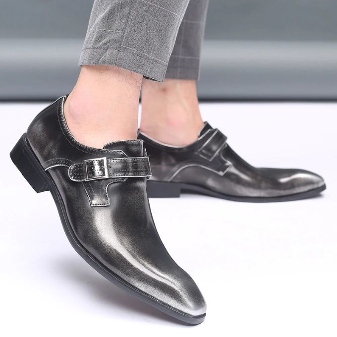 Burnished Leather Monk Strap Shoes with Buckle Strap