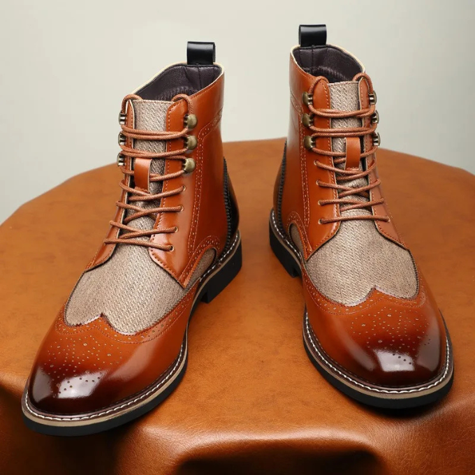Leather Brogue Boots with Wingtip Brogue Detail