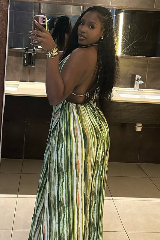 Vacation Stripe Halter A-Line Maxi-Length Dress