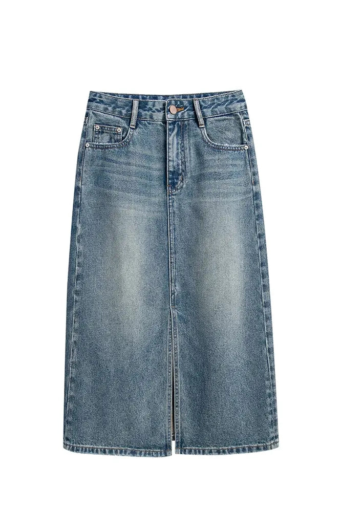 High-Waisted Slit Denim Skirt
