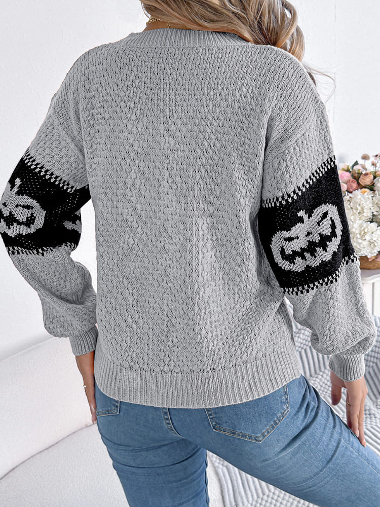 Modern Halloween Pumpkin Head Color-Block Crew Neck Knit Sweater