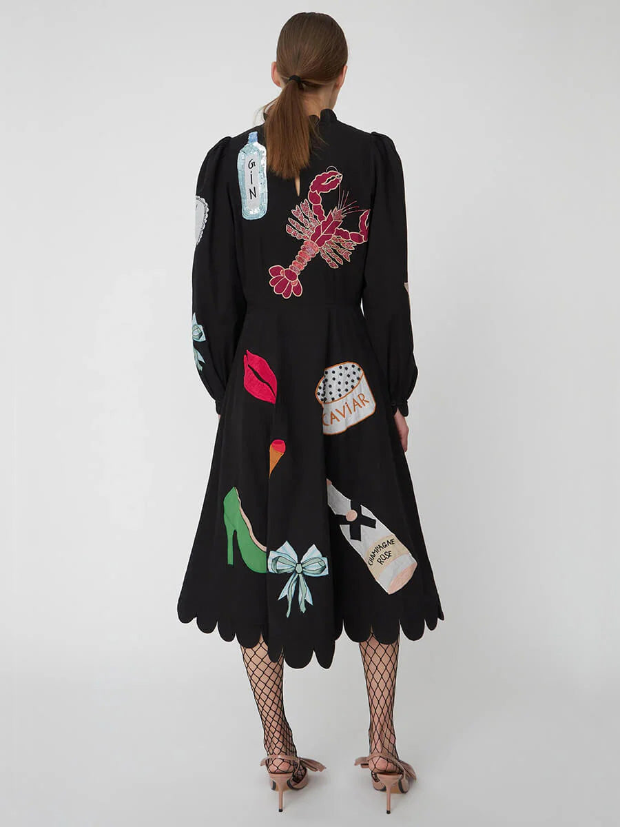 Lobster Graffiti Scallop Trim Midi-Length Dress