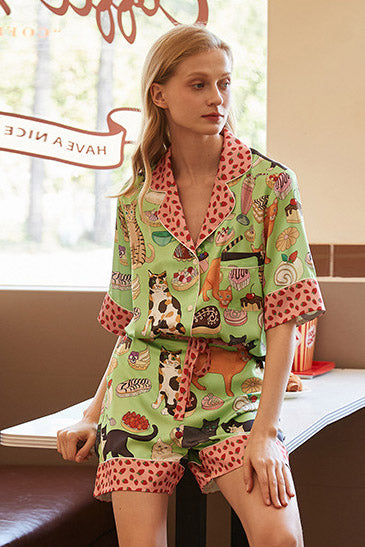 Coordinated Coffee Cat Shorts Pajama Set