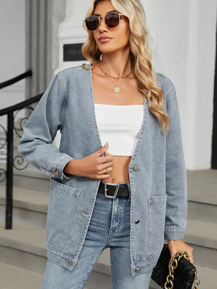Denim Jacket with V-Neck, Button Closure and Pockets