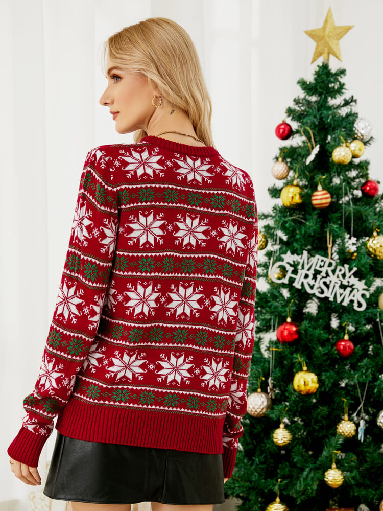Christmas Relaxed Snowflake Embroidered Knit Sweater