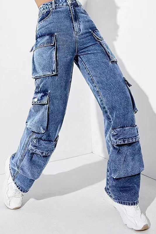 High-Waisted Denim Cargo Pants