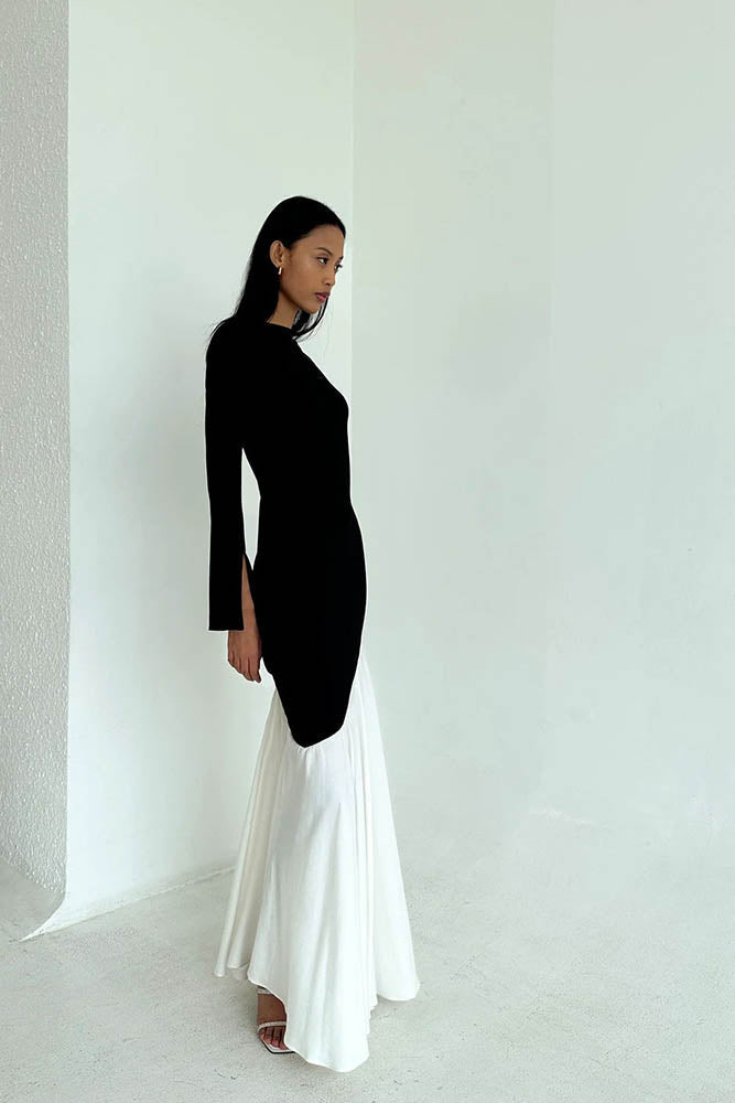 Fashionable Colorblock Waist-Cinching Fitted Midi-Length Dress