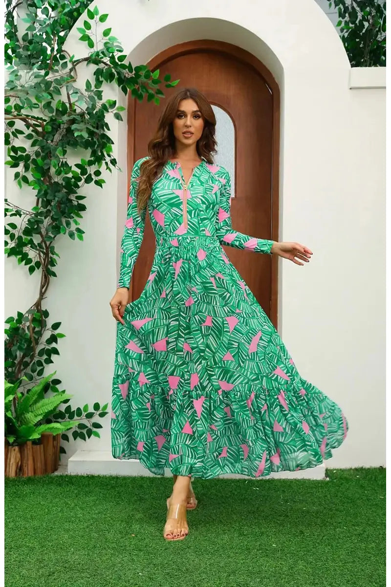 Green Zip Long Sleeve Patterned Surf Swimwear Set