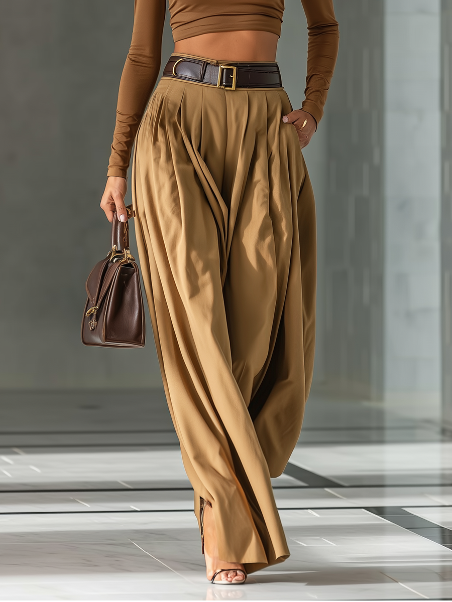 Women's Blended Brown Top And Wide-Leg Trousers Set