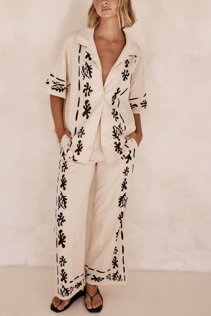 Black Patterned Cream Wide-Leg Trousers-Set
