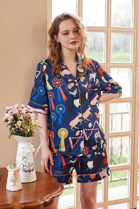 Coordinated Cute Cartoon Animal Print Short Loungewear Set