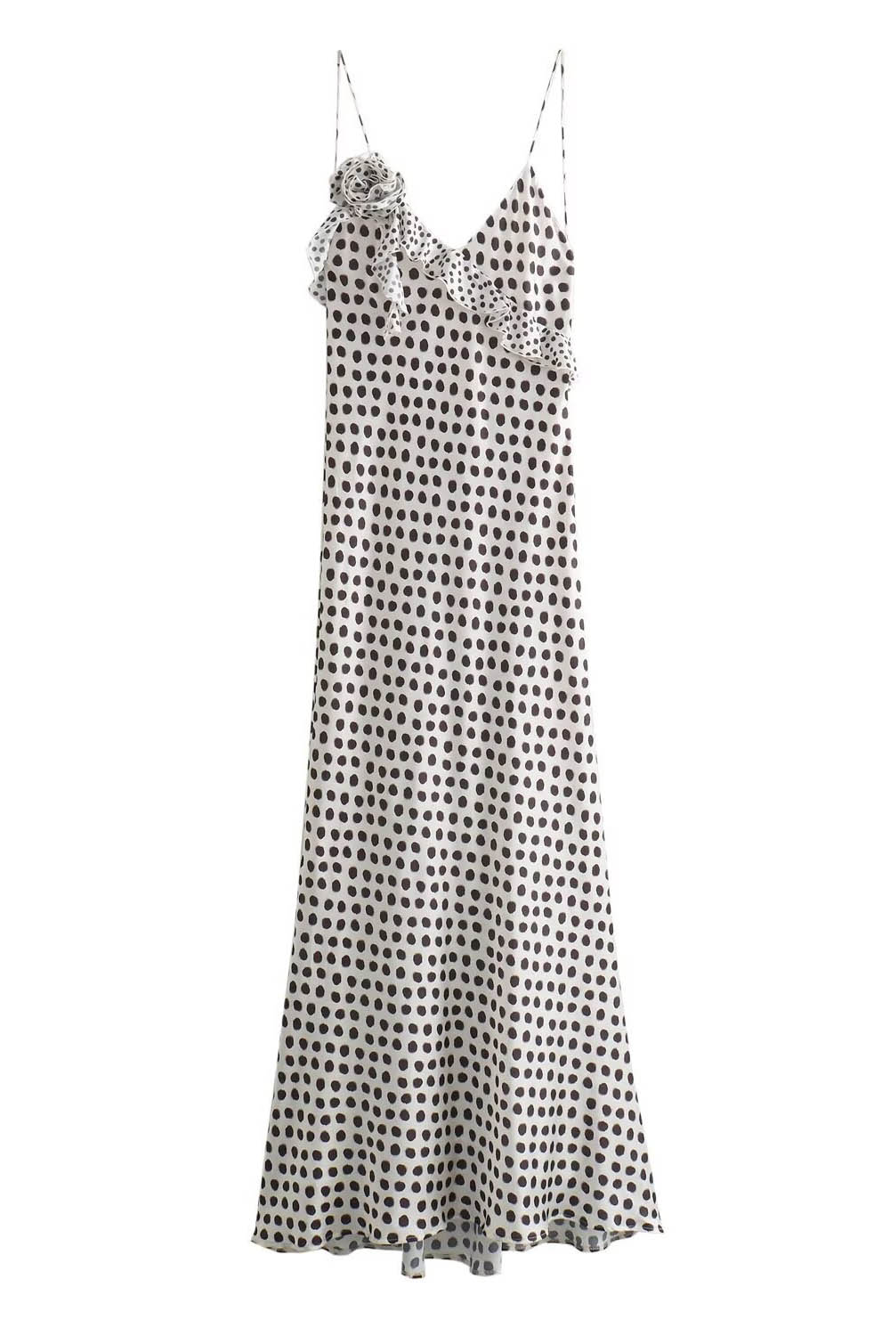 Fantasy Polka Dot Print Guipure Ruffled Suspender Maxi-Length Dress