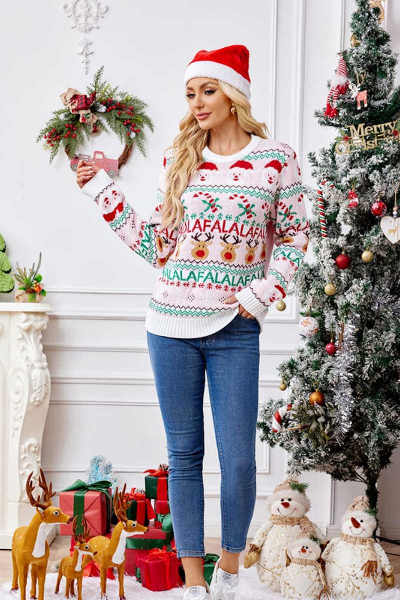 Loose-Fit Crew Neck Christmas Cartoon Knit Sweater - Pink