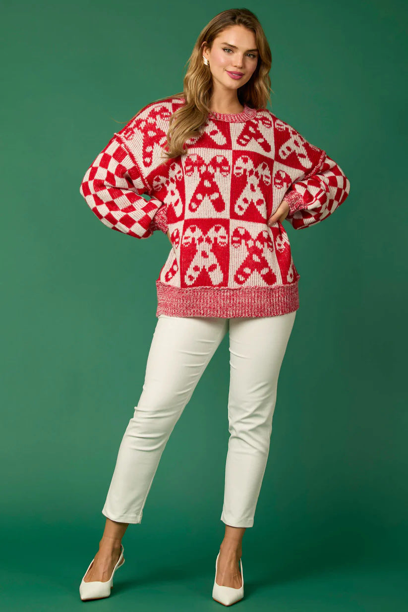 Modern Candy Cane Christmas Needles & Gingerbread Man Knit Sweater