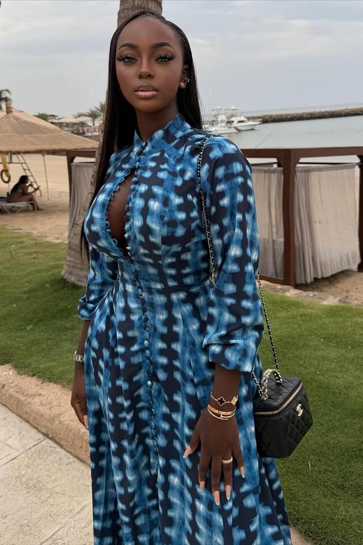 Blue Tie-Dye Button-Front Maxi-Length Dress