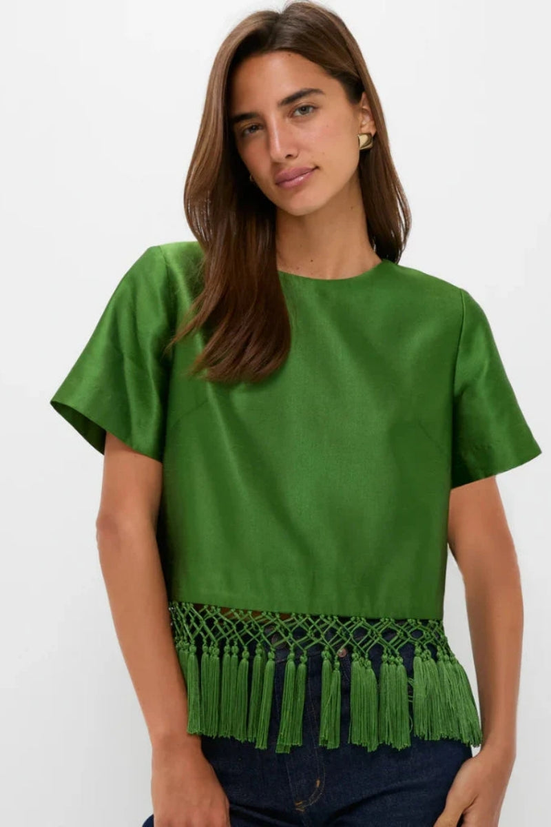 Modern Green Satin Fringe Top
