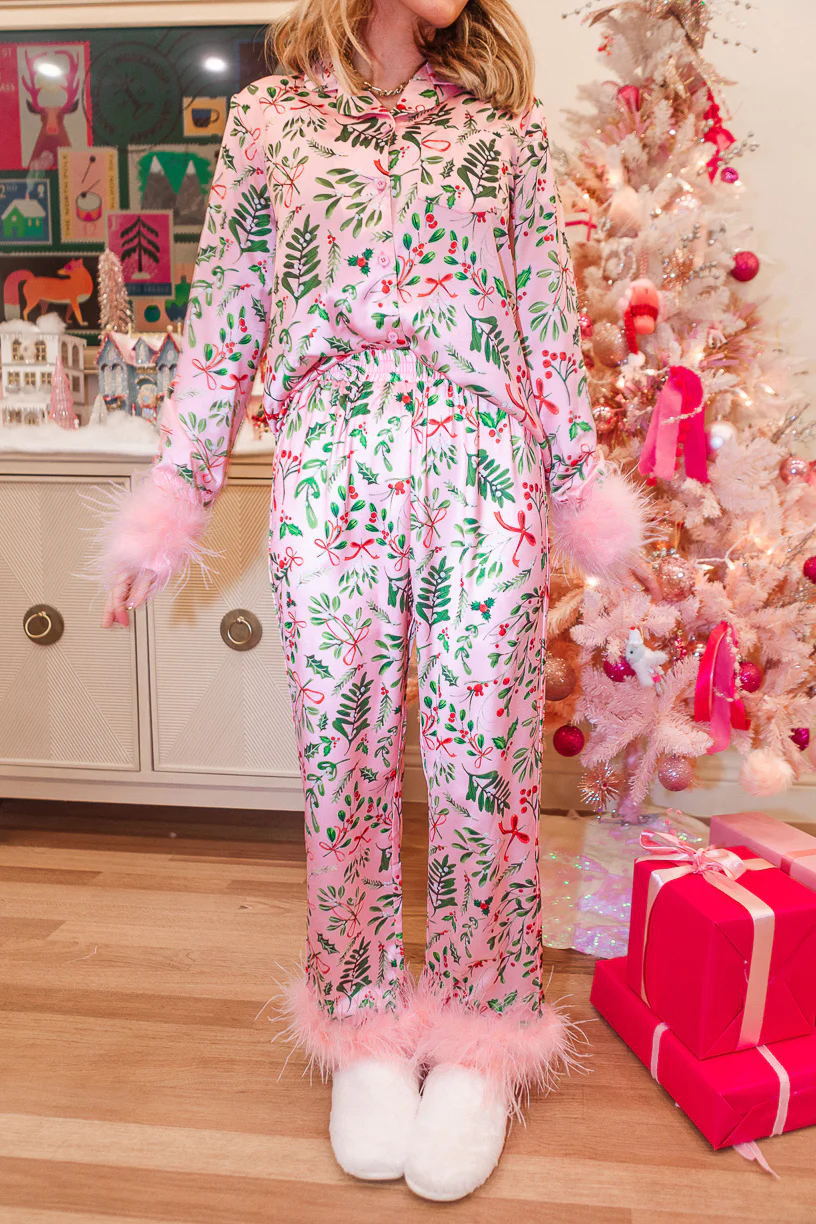 Blue Flower Print Satin Pajama Set