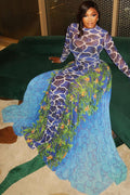 Exotic Blue Print Turtle Neck Maxi-Length Dress