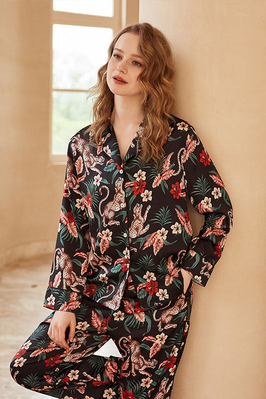 Jaguar and Flower Print Long-Sleeve Loungewear Set