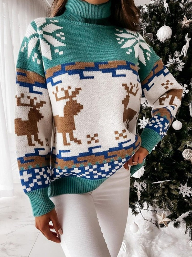 Modern Knit Pullover with Embroidered Reindeer and Snowflake Design
