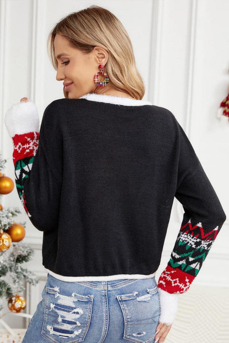 Relaxed Crew Neck Cat Embroidery Sequined Knit Sweater