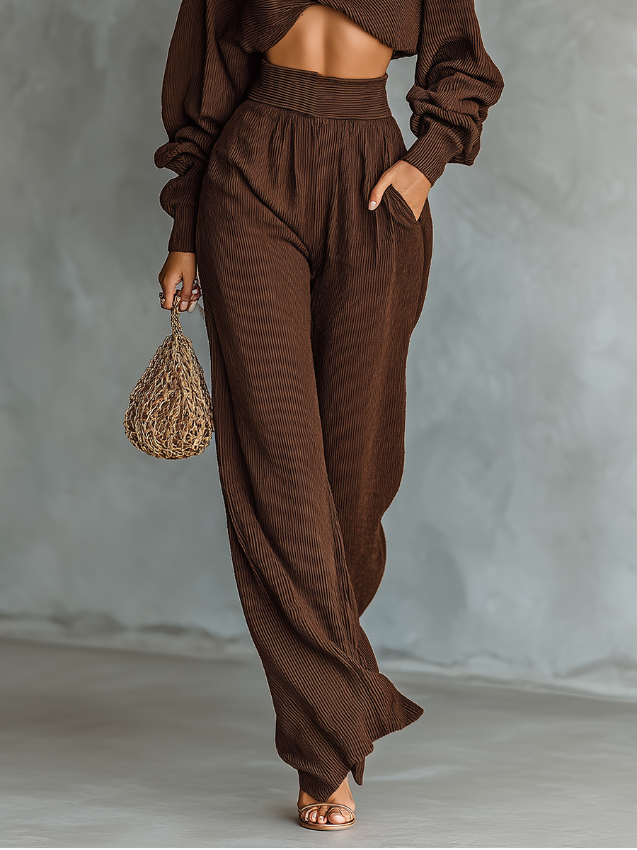 Women's Coffee-colored Short Top And Wide-Leg Trousers Knitted Set