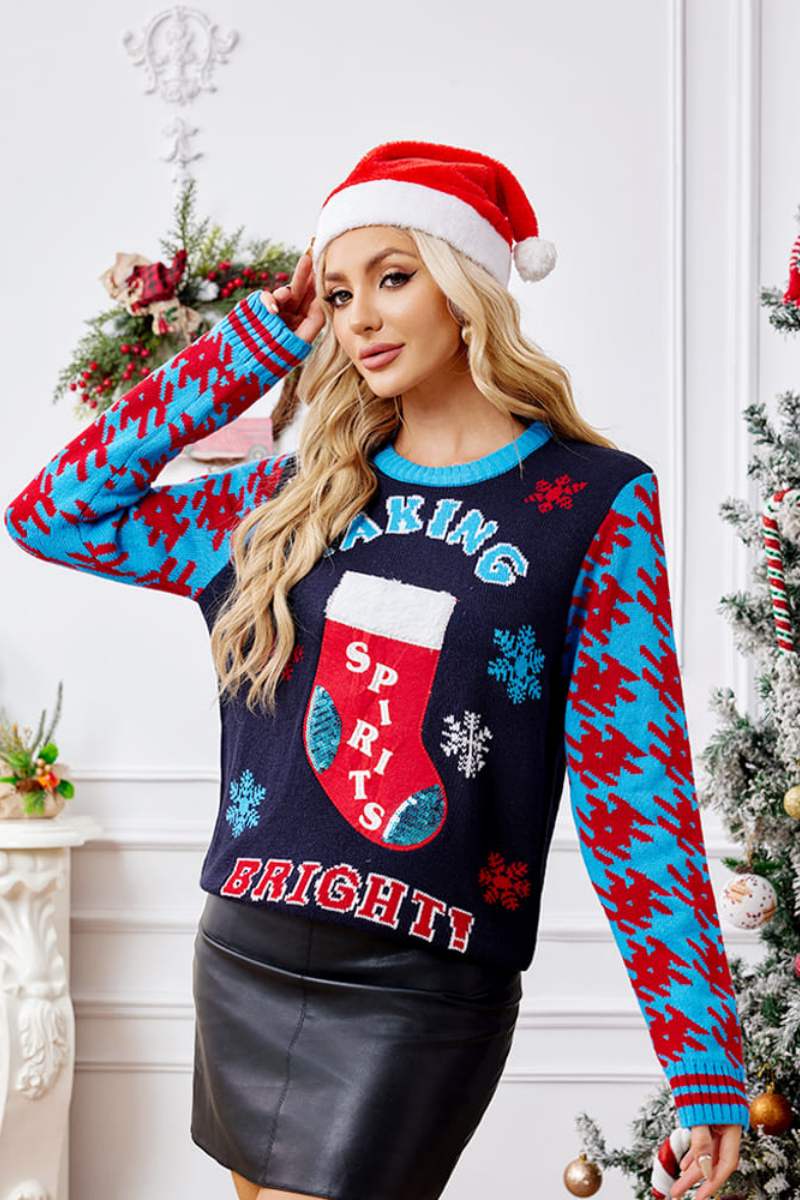 Relaxed Christmas Socks Embroidery Knit Sweater